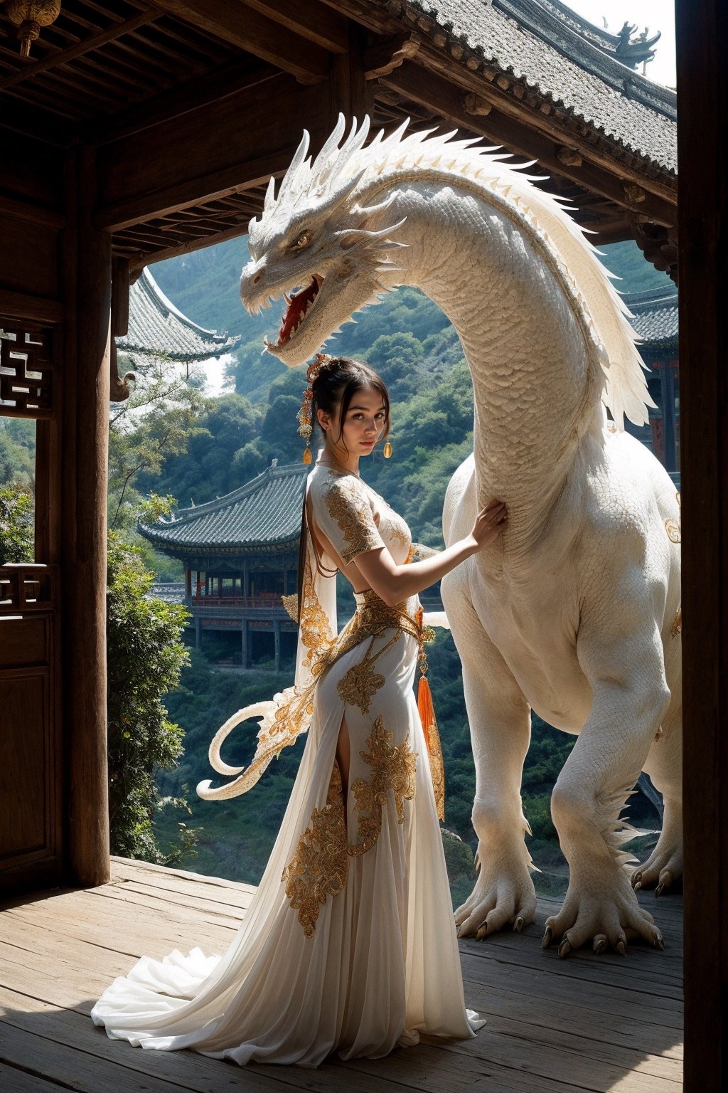 (fantasy art), 1 oriental girl,  ((full body, )) beautiful, perfect face, sweet face, with a fantastic big white chinese dragon, dark eyes, fantastic clothes, dressed in a intrincate detailed traditional Chinese dress, background with oriental landscape and old houses, fantastic hairstyle, standing full body, fantasy, (masterpiece, photorealistic, absurd), dappled sunlight,
