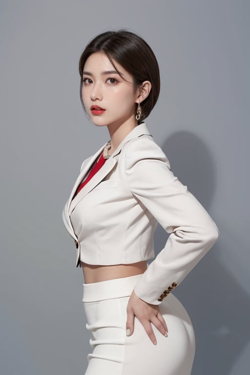 A masterpiece illustration of a stunning 1girl, posing confidently with her hand on hip, gazing directly at the viewer. Her striking features include short brown hair, piercing brown eyes, and bold red lips. She wears a fitted white shirt, high-waisted pencil skirt, and a tailored suit jacket. A delicate necklace and earrings adorn her neck and ears, respectively. Her gaze is intense, with a watchful eye on the viewer, as if daring them to look away. The background is simple yet effective, featuring either a black or grey tone that allows her to take center stage.