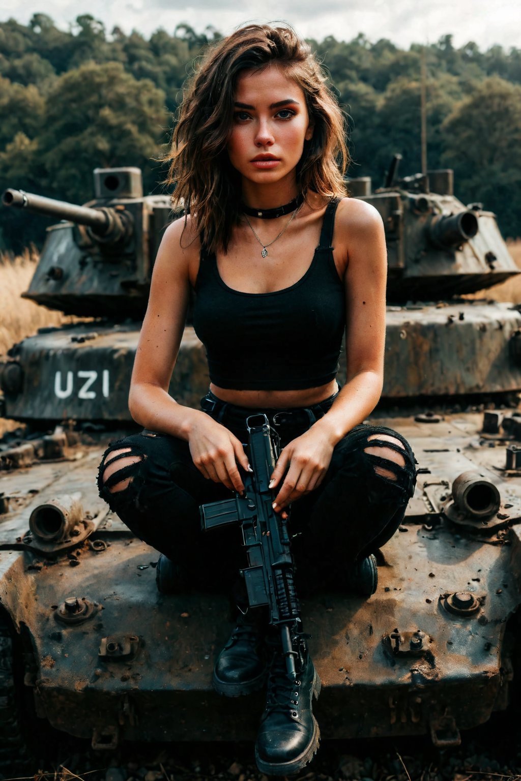 Beautiful savage girl,sitting on top of a military tank,she is holding a Uzi gun, Uzi gun,the girl is wearing a black layered top and a black jeans,she is wearing a black boots with white shoelace, one leg bended and the other leg straight, resting on top of tank,savage,sassy,badass, charisma, ULTRA-REALISTIC,UHD, 32K 