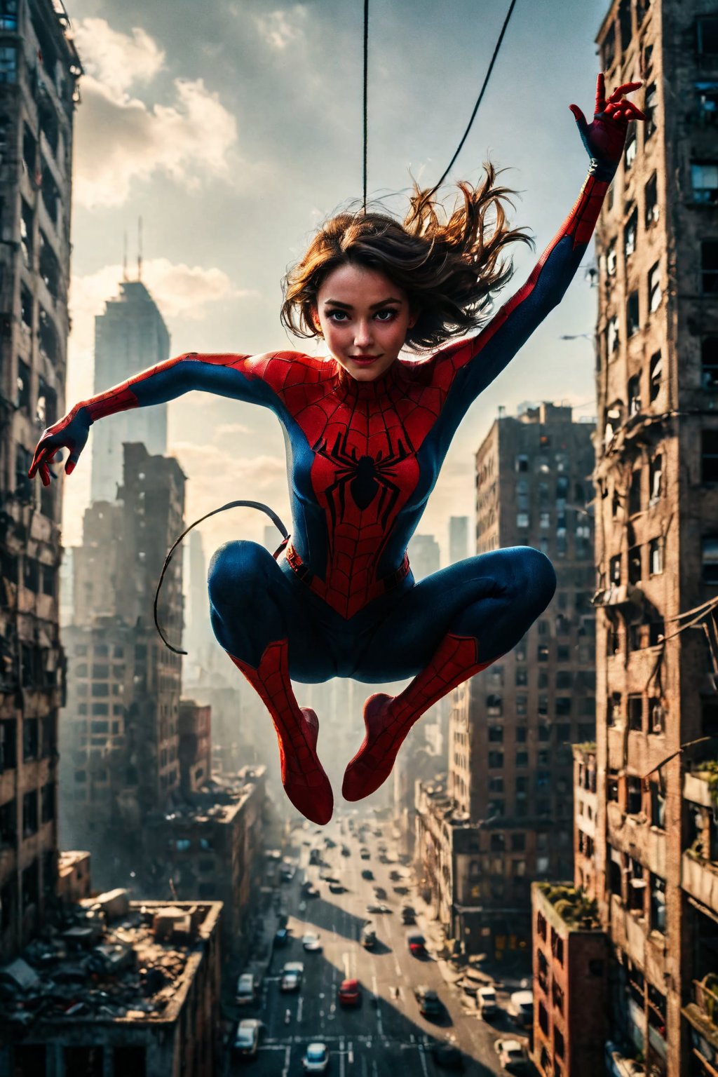 Beautiful girl, Spidergirl,jumping between big buildings, spider_girl swing pose, beautiful face, beautiful girl, Spidergirl, iconic spiderman swinging pose,iconic spiderman swinging pose, jumping high