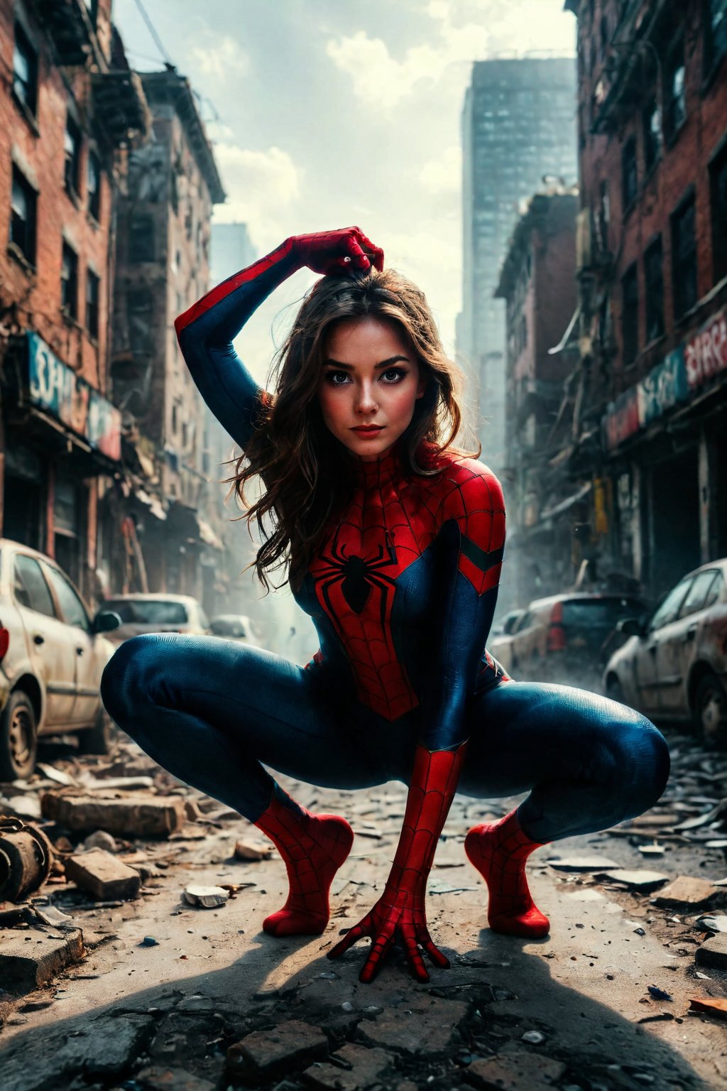 Beautiful girl, spider man pose