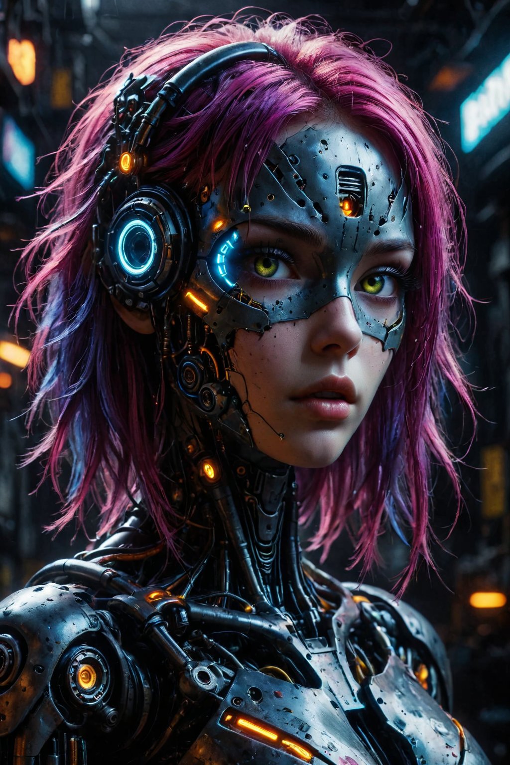 ((Cyberpunk girl, futuristic, realistic, neon hair, long hair, mechanical eye-mask covering eyes, cyborg girl, seductive)),((half face metal,robot face,half cyber face)), ((neon glowing,robotic eyes,futuristic eyes)), OverallDetail, colorful, photorealistic