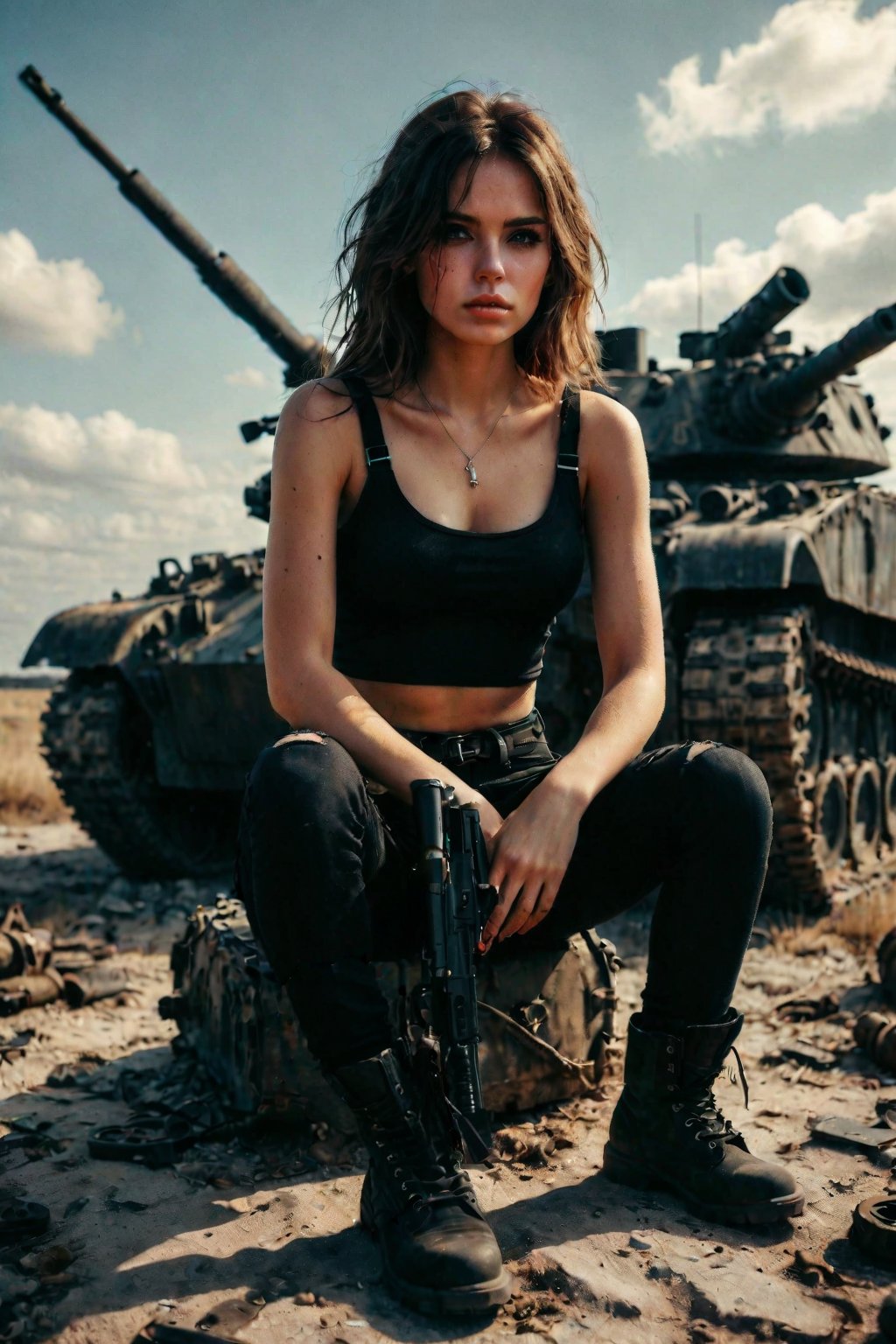 Beautiful savage girl,sitting on top of a military tank,she is holding a military gun,the girl is wearing a black layered top and a black jeans,she is wearing a black boots with white shoelace, one leg bended and resting on top of tank,savage,sassy,badass, charisma, ULTRA-REALISTIC,UHD, 32K 