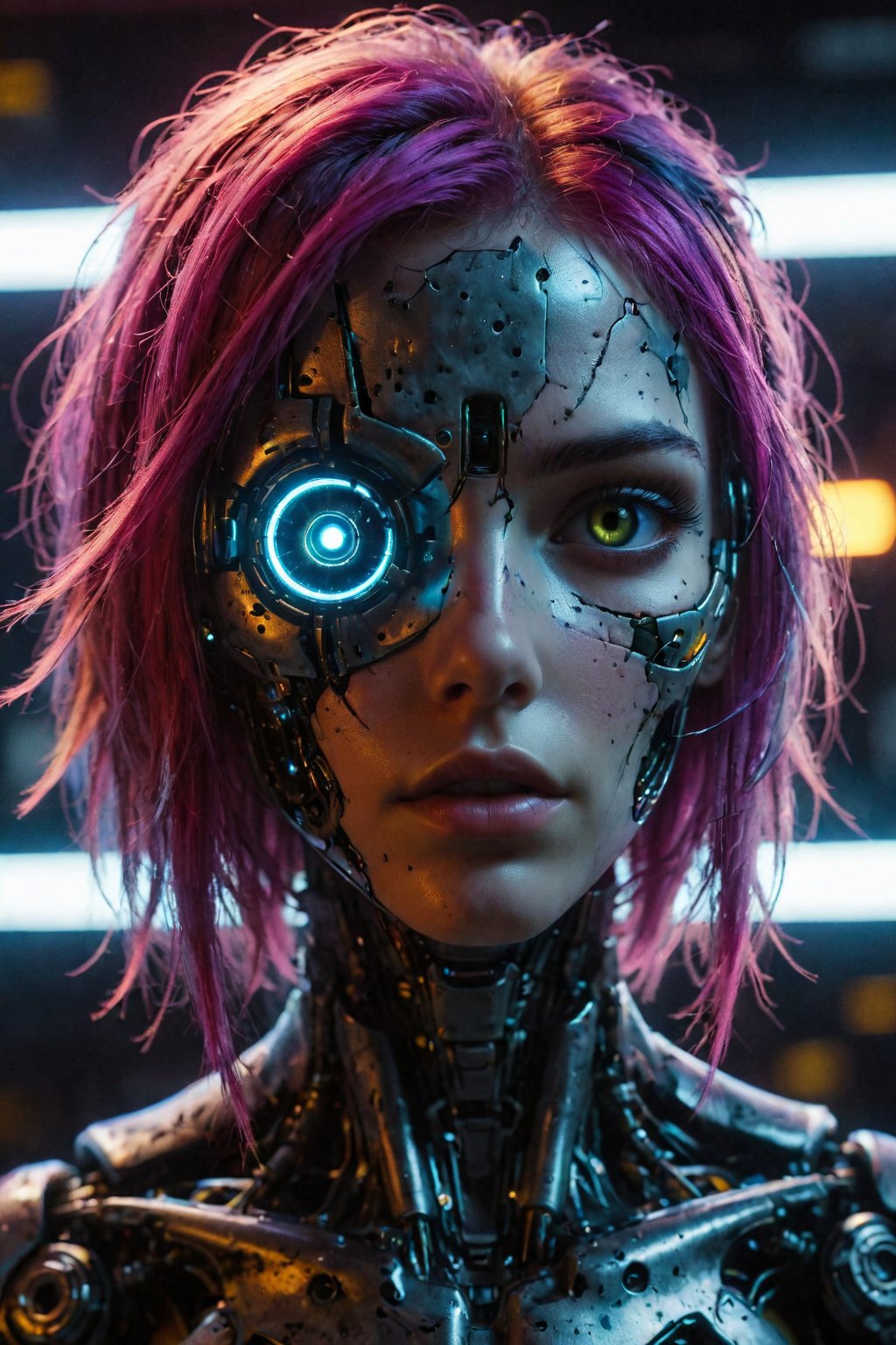 ((Cyberpunk girl, futuristic, realistic, neon hair, long hair, mechanical eye-mask covering eyes, cyborg girl, seductive)),((half face metal,robot face,half cyber face)), ((neon glowing,robotic eyes,futuristic eyes)), OverallDetail, colorful, photorealistic