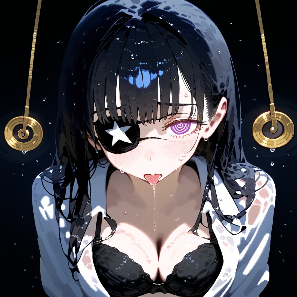 1 black long hair human, cute girl, wearing school uniform, black bra, wet, sweating, shy, shame, temptation, eye patch, hypnosis, saliva