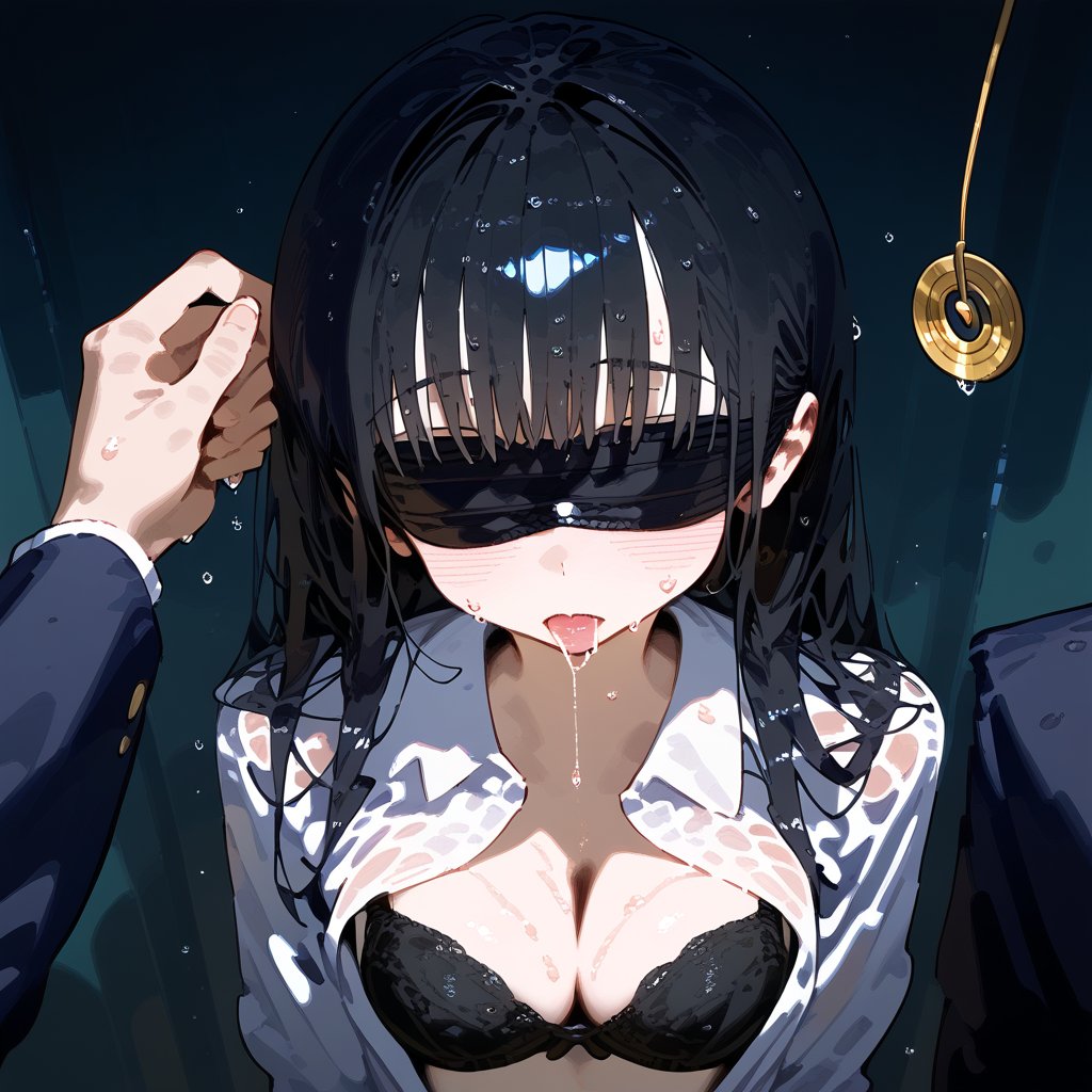 1 black long hair human, cute girl, wearing school uniform, black bra, wet, sweating, shy, shame, temptation, blindfold, hypnosis, saliva