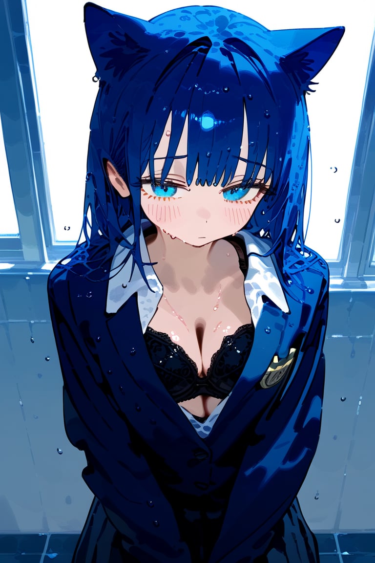 1 blue hair cat human, cute girl, wearing school uniform, black bra, wet, sweating, shy