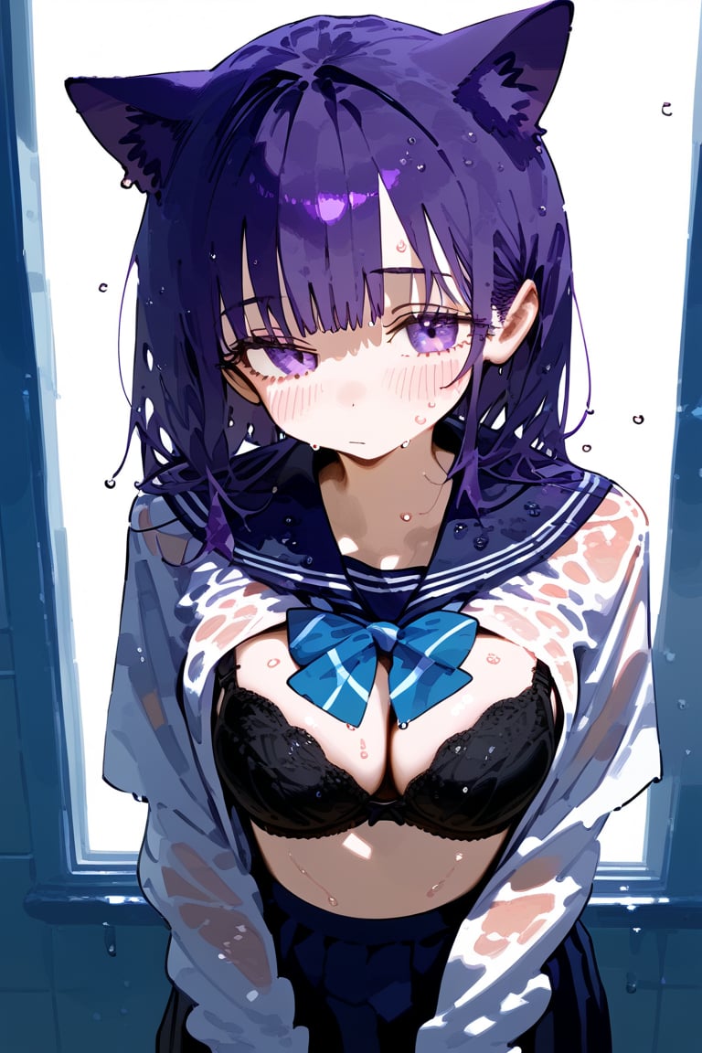 1 purple hair cat human, cute girl, wearing school uniform, black bra, wet, sweating, shy