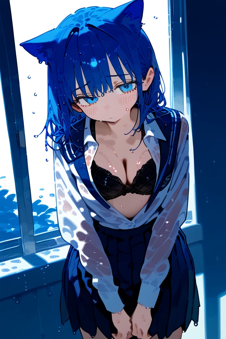 1 blue hair cat human, cute girl, wearing school uniform, black bra, wet, sweating, shy