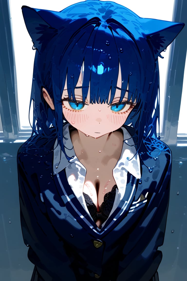 1 blue hair cat human, cute girl, wearing school uniform, black bra, wet, sweating, shy