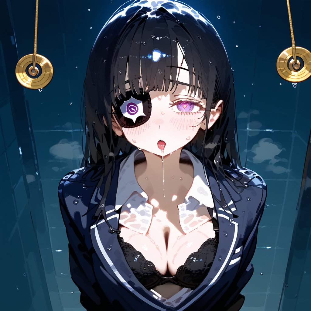 1 black long hair human, cute girl, wearing school uniform, black bra, wet, sweating, shy, shame, temptation, 2 eye patches, hypnosis, saliva