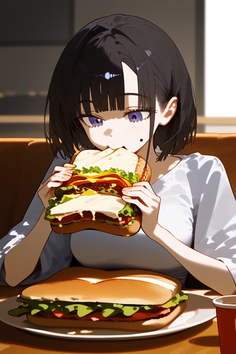 1 girl, eating sandwich, high quality, masterpiece