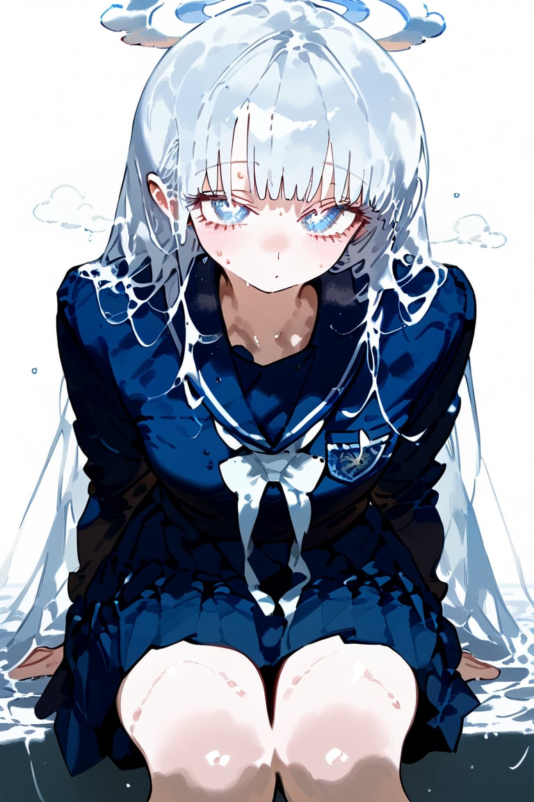 1 white hair angel girl, white school uniform, sexy, sweat, we long hair, blue eyes, cute eyes, hot, sweating