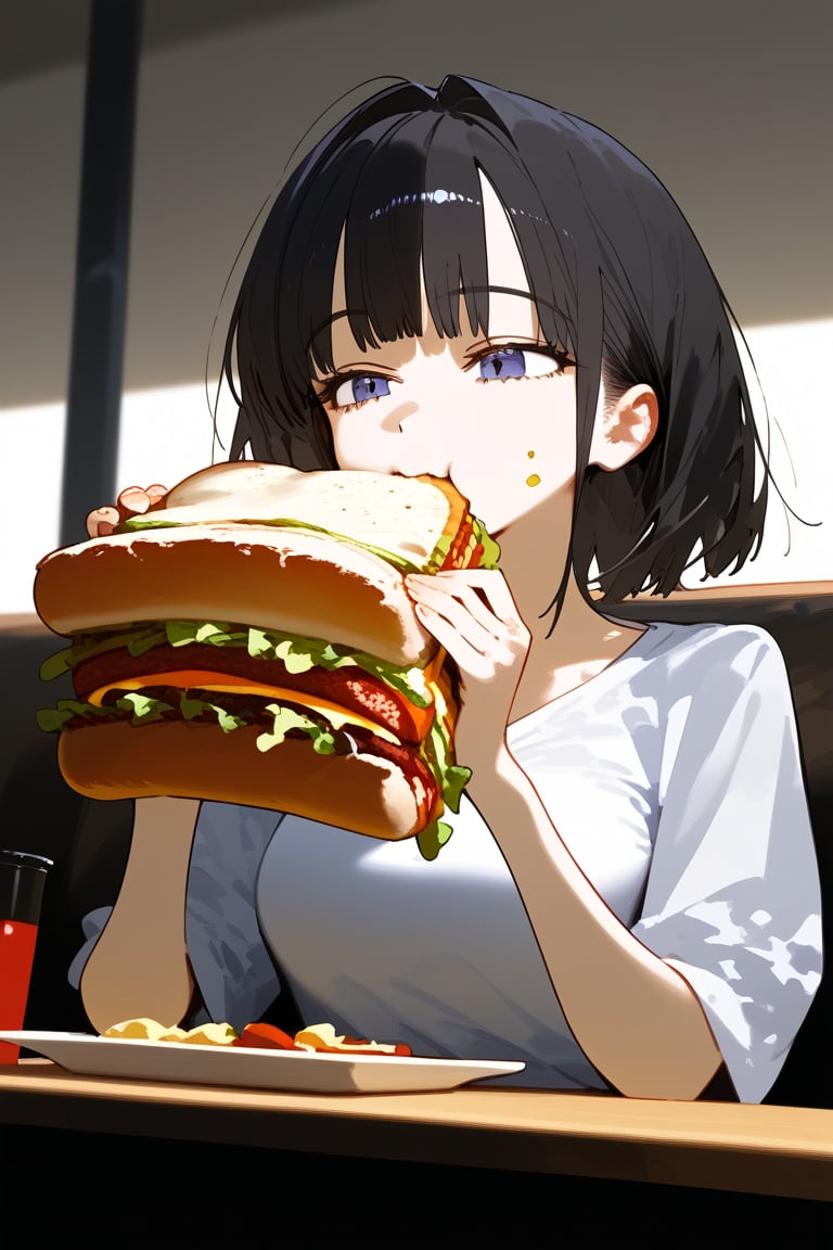 1 girl, eating sandwich, high quality, masterpiece