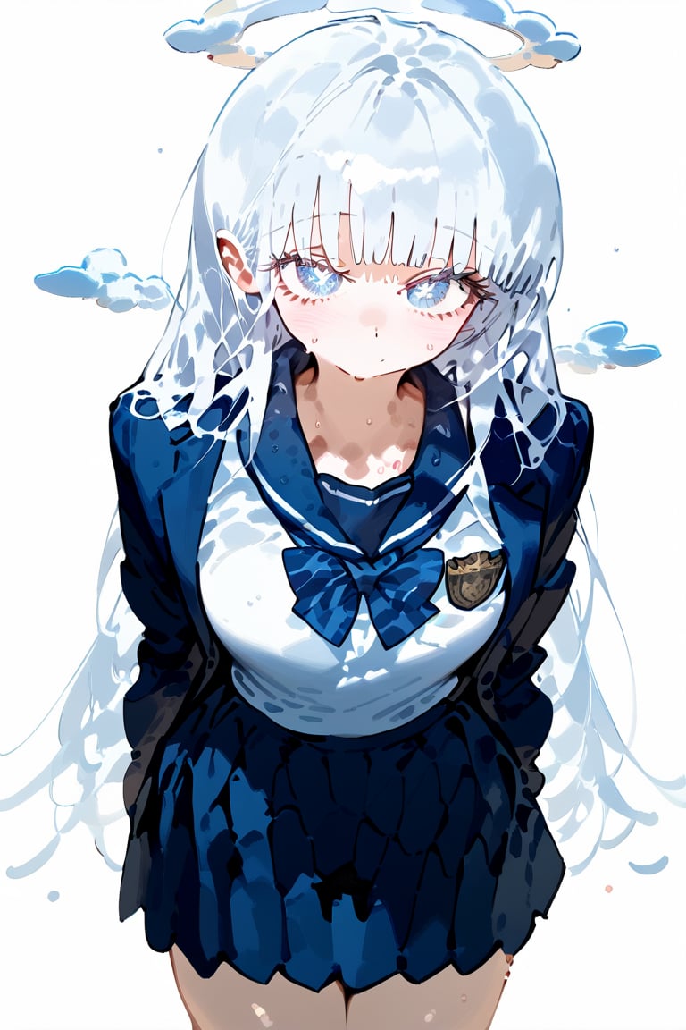 1 white hair angel girl, white school uniform, sexy, sweat, we long hair, blue eyes, cute eyes, hot, sweating