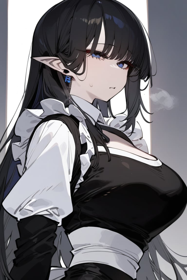 1girl, solo, black hair, long hair, upper body, masterpiece, best quality, very aesthetic, absurdres,gotou hitori, sagawa, fucking, masterpiece, high quality, only black hair, maid clothes, feel disgusting, blue eyes, censored