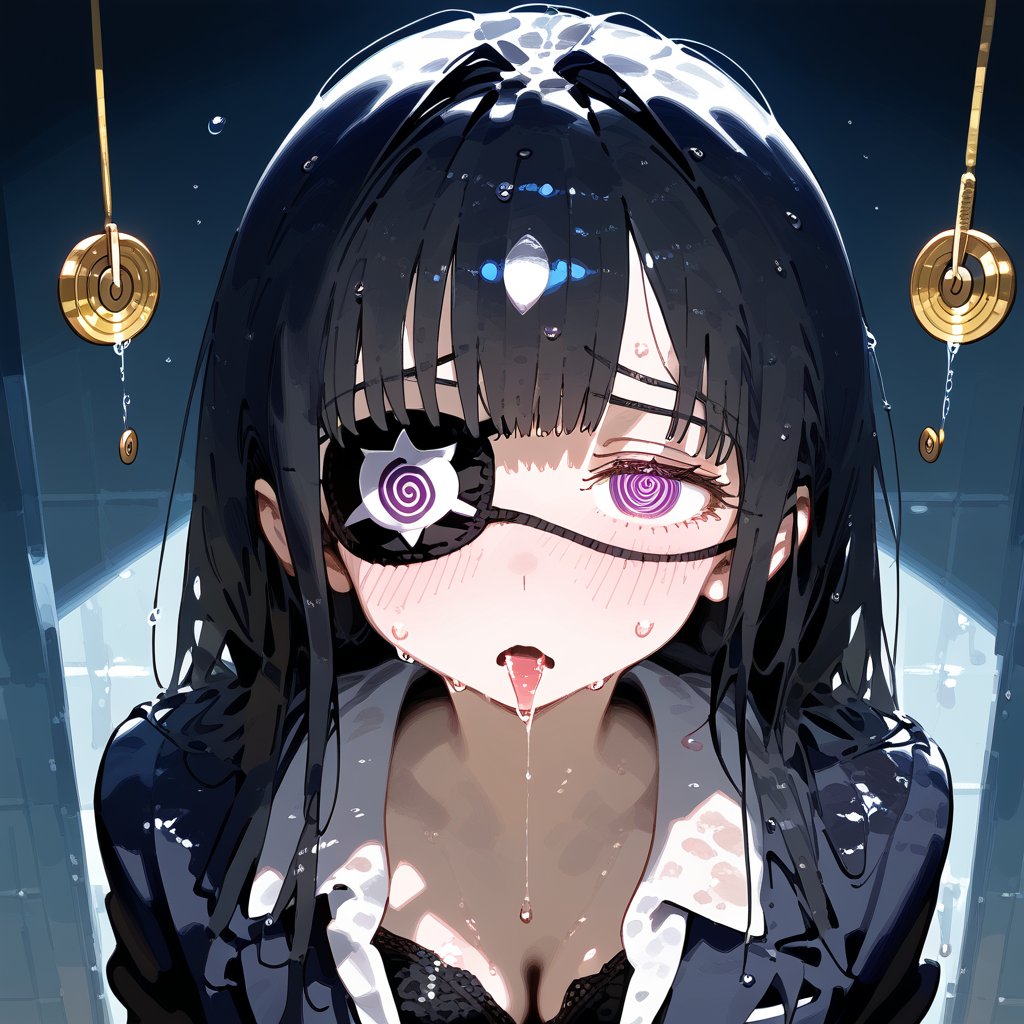 1 black long hair human, cute girl, wearing school uniform, black bra, wet, sweating, shy, shame, temptation, 2 eye patches, hypnosis, saliva