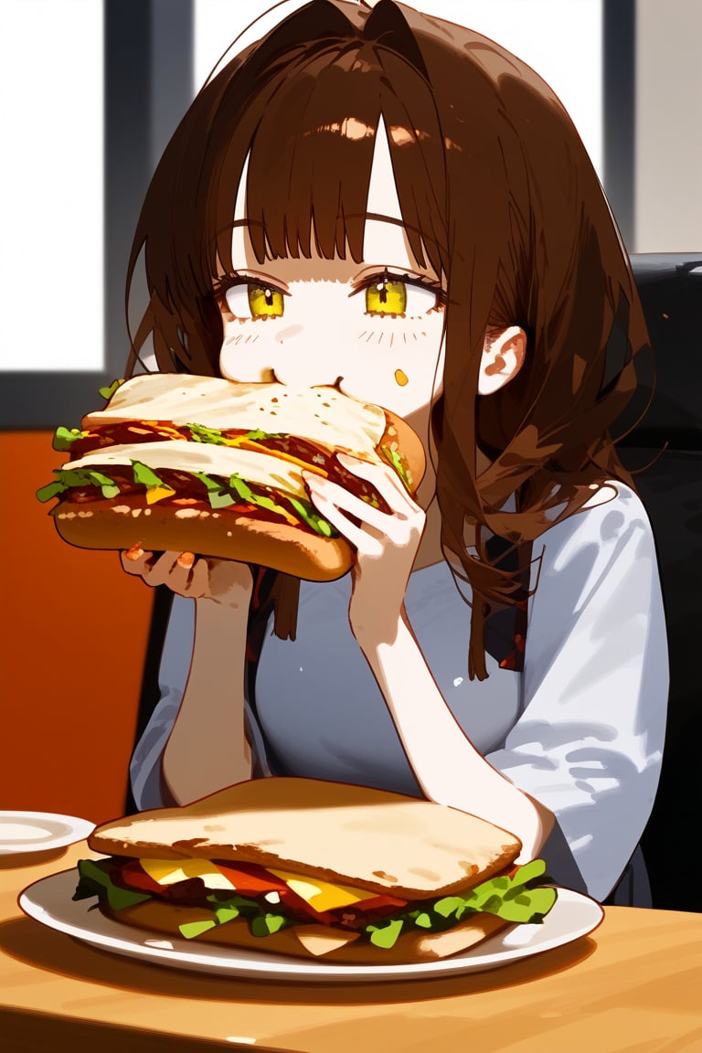 1 girl, eating sandwich, high quality, masterpiece, delicious!