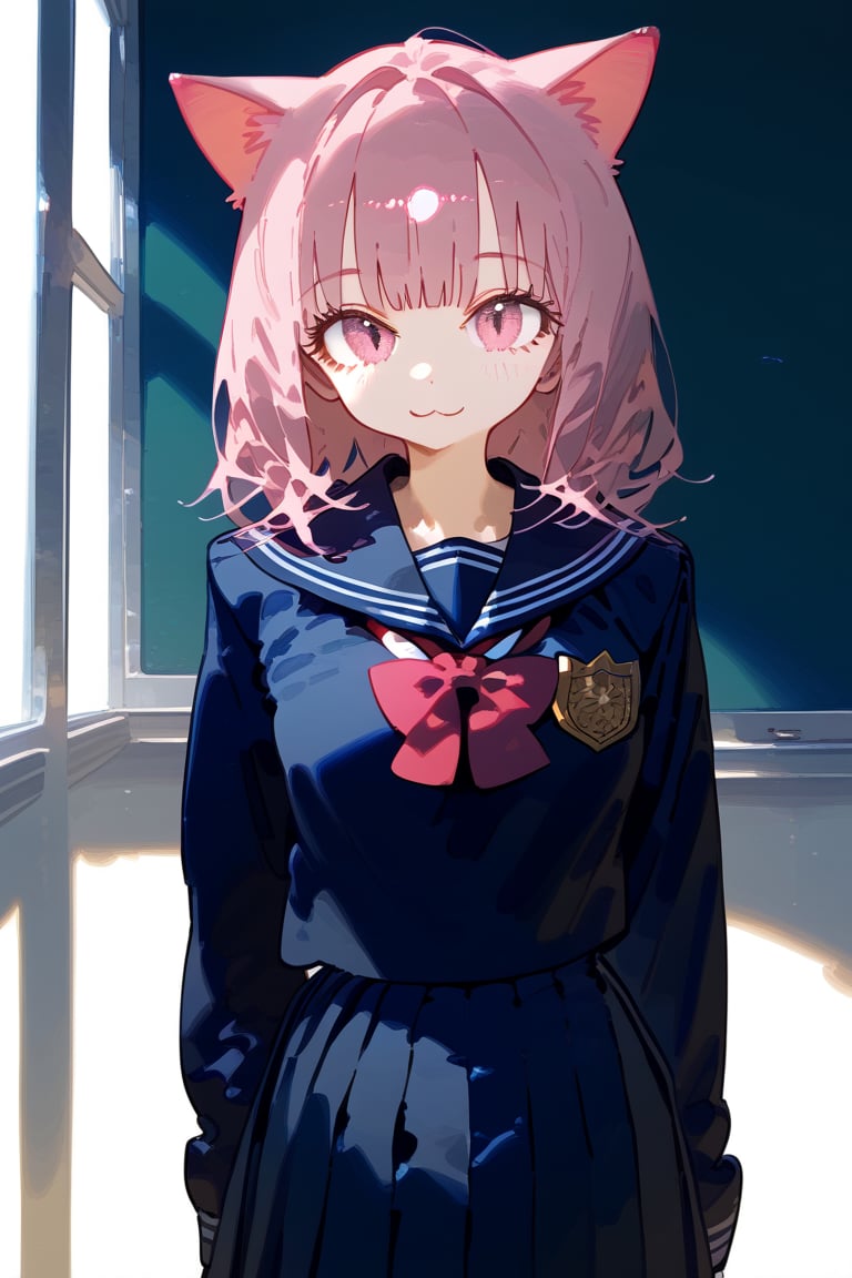 1 pink cat human, cute girl, wearing school uniform