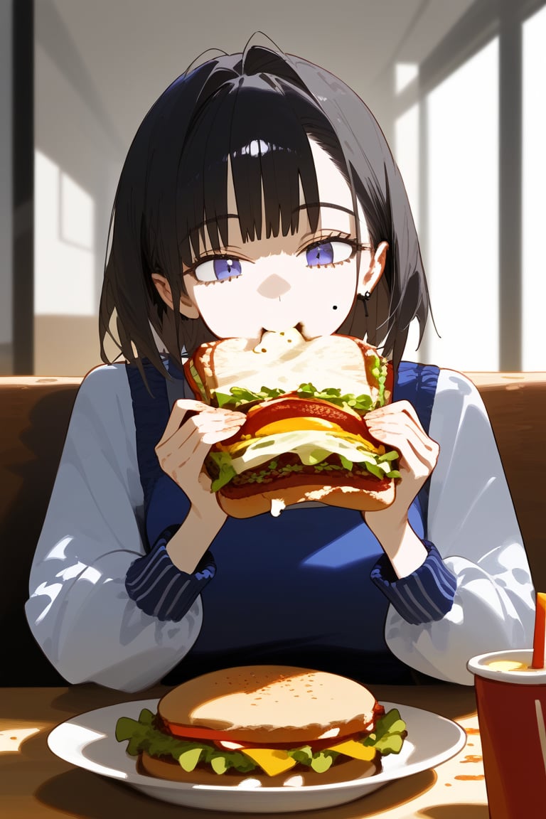 1 girl, eating sandwich, high quality, masterpiece