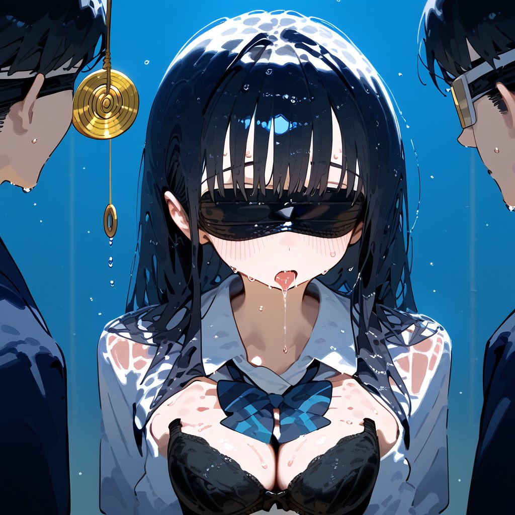 1 black long hair human, cute girl, wearing school uniform, black bra, wet, sweating, shy, shame, temptation, blindfold, hypnosis, saliva