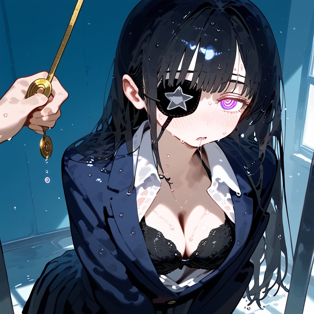 1 black long hair human, cute girl, wearing school uniform, black bra, wet, sweating, shy, shame, temptation, eye patch, hypnosis, saliva