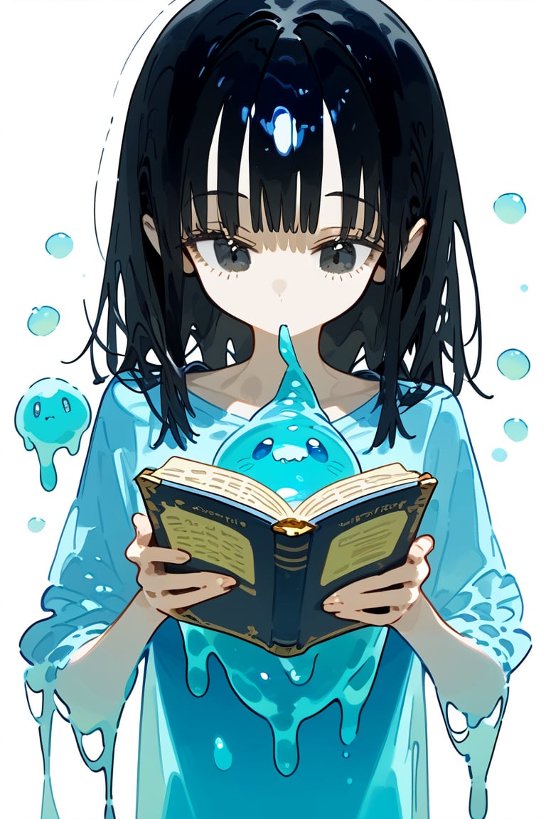 1 girl, studying, high quality, masterpiece, delicious!, cute, upper-body, wearing white neat, long black hair, grapped by slime, slime grapping