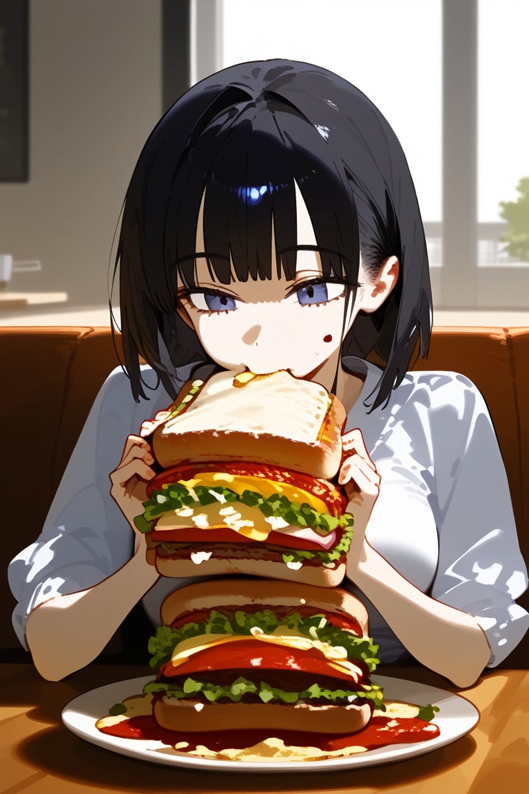 1 girl, eating sandwich, high quality, masterpiece