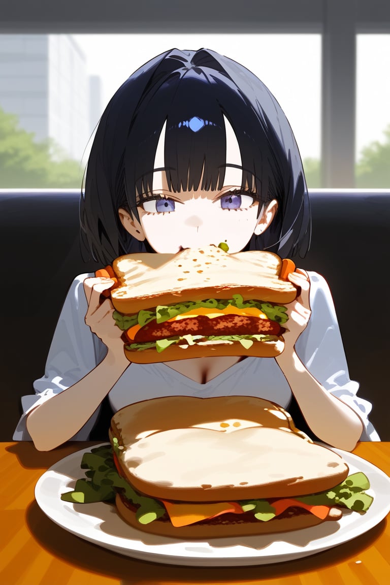 1 girl, eating sandwich, high quality, masterpiece