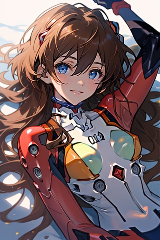 1girl,Asuka_Neon Genesis Evangelion,suit, plugsuit 02, red with a lime green shape on its chest and black along the arms., view full bode,dark blue eyes, ,Smile,  thinning hair hairevery shade between strawberry blonde and  red.Lying face down, head toward the camera,lethal,highres