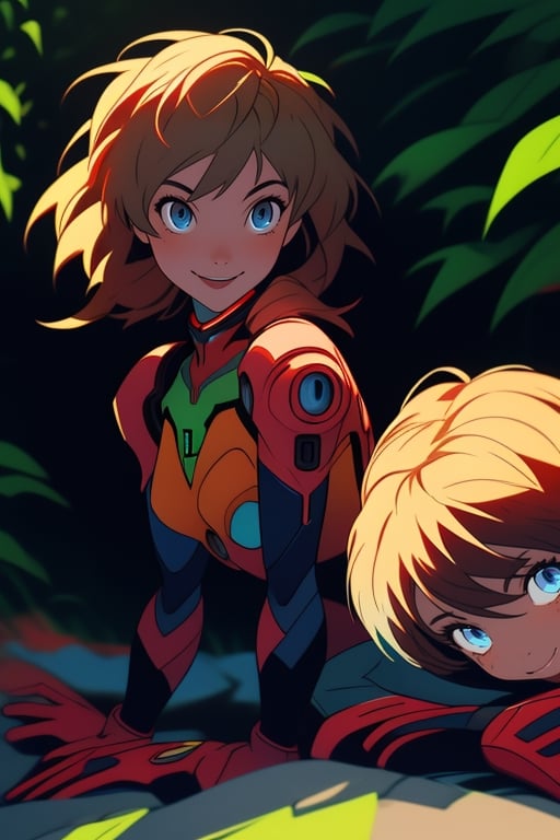 1girl,Asuka_Neon Genesis Evangelion,suit, plugsuit 02, red with a lime green shape on its chest and black along the arms., view full bode,dark blue eyes, ,Smile,  thinning hair hairevery shade between strawberry blonde and  red.Lying face down, head toward the camera,lethal,highres,Mecha body,portrait