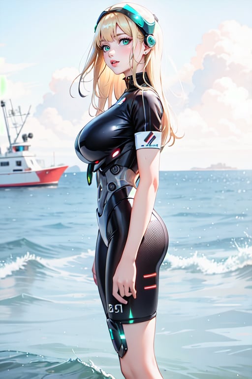 robot (Cyborg) woman, body fitness white, Big breast, ((synthetic skin (no metal) manufacturing lines all over the skin)), Long blonde hair. Mechanical green eyes, red lips, landscape into The sea, Blue sky, Hd, anime, like deviant art.,Colorful Binary Code Energy,DonMW15p,plasttech