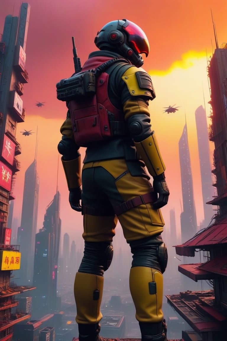 In the strange planet, red-yellow sky, future, six military fly  over cyberpunk city in fall down, they has neopreno uniform, ciberpunk, Hd, style cinematic,best quality,masterpiece