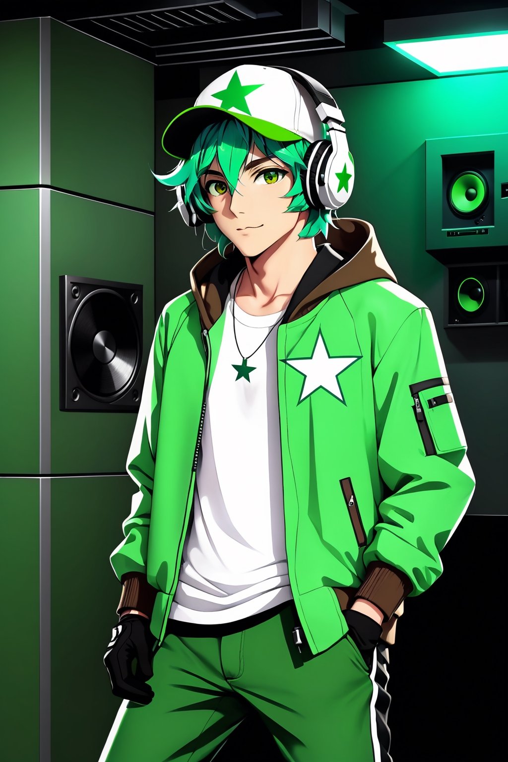 male, 23 years, green hair, headphones, Brown eyes, cap, White shirt, green jacket, star symbol on jacket, Black pants, black gloves, medium body, background underground room, half body, detailed, hd