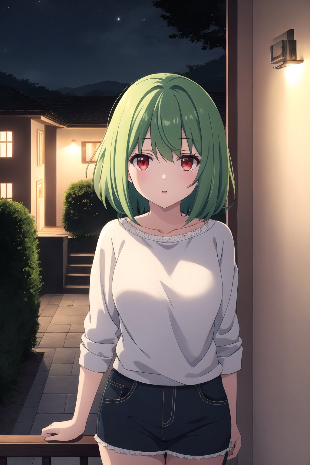 woman, medium hair, green hair, red eyes, casual clothes, inside a house at night,