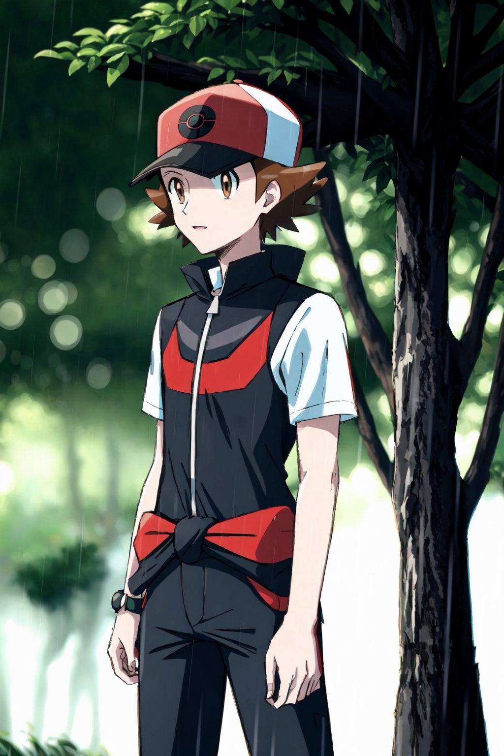Hilbert (pokemon), red_siut, background forest while it's raining hard, waist up, details,