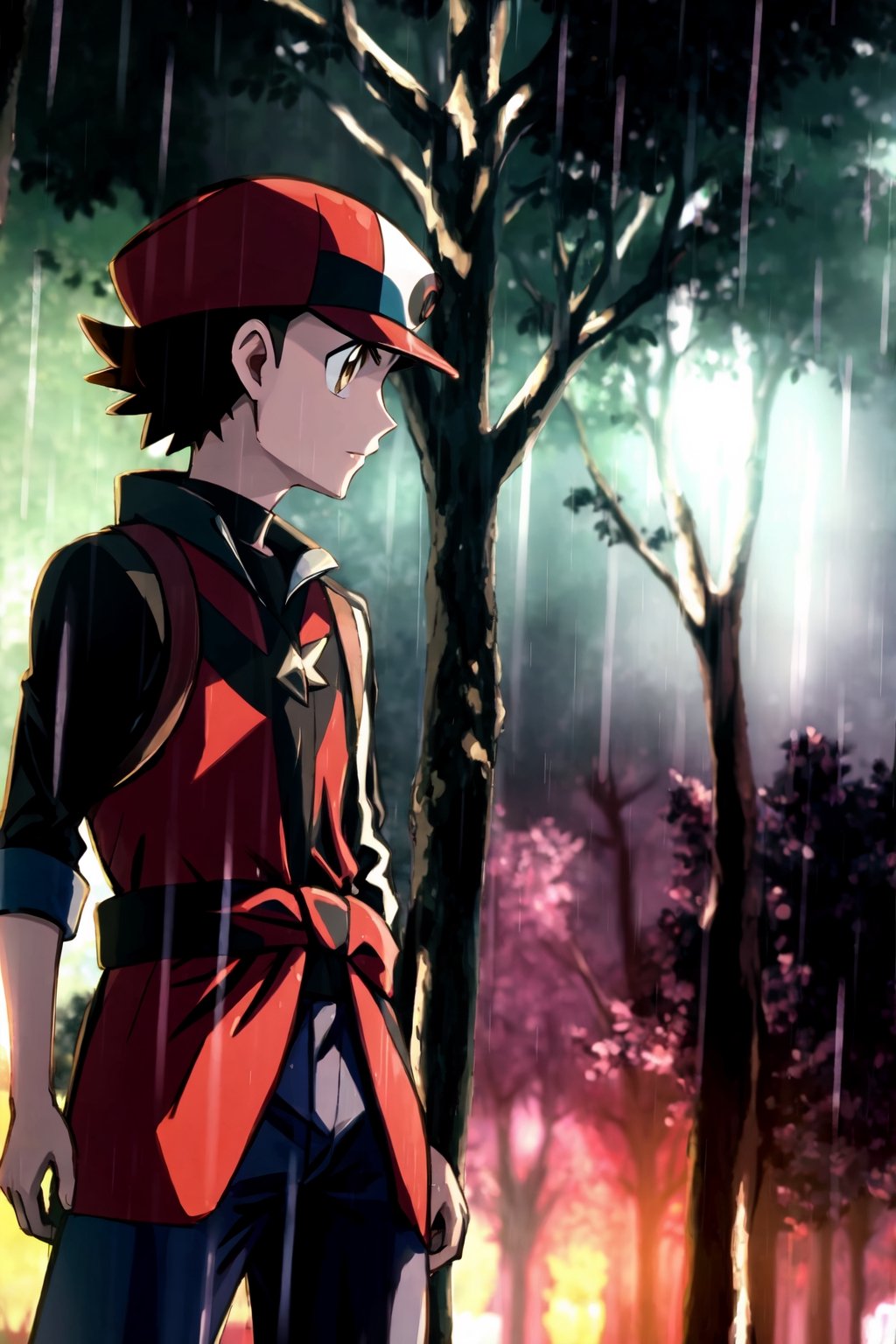 Hilbert (pokemon), red_masters, background forest while it's raining hard, waist up, details,