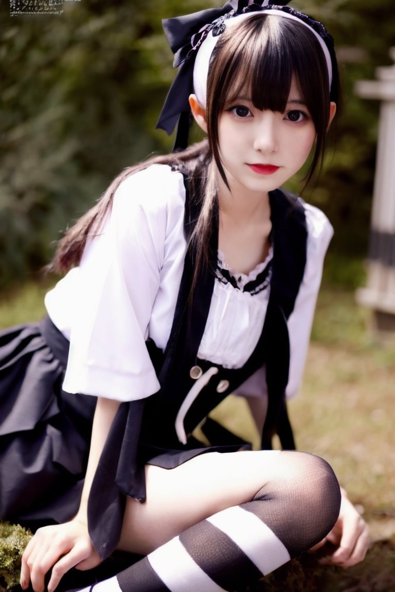 Warm lighting, beautiful Japanese girl, detailed face, sad smile, dark eyes, straight black hair, Gothic and Lolita fashion, Harajuku, walking, above the thighs, real Japanese girl yurayura_yuura, Enako, in crop shirt underboob