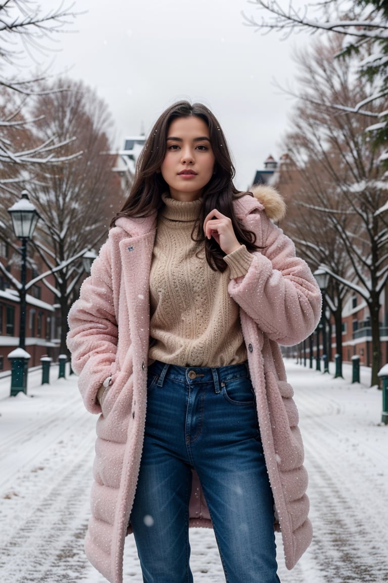 Cute girl with long hair and a stunning pink winter coat stands tall in the midst of a snowy cityscape. Jeans-clad legs are posed confidently as she gazes up at the cloudy sky, delicate features illuminated by the soft fall of snowflakes. In 4K ultra HD RAW photo quality, her porcelain-like skin glows with a subtle warmth. The 50mm lens captures her half-body, medium shot amidst the winter wonderland, showcasing high-fashion elegance and serenity.