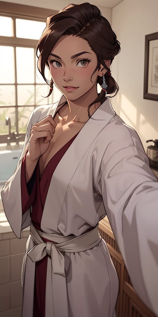 Selfie of mature avatar korra in bath robe, drawn in the style of octopath traveler