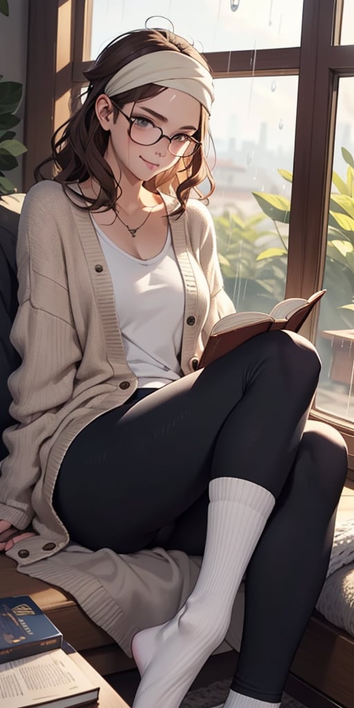 atmospheric scene, masterpiece, best quality, high quality, 1girl, solo, A woman reclining in a cozy window nook, her legs curled up underneath her as she reads a book. She’s wearing glasses and has a focused, absorbed expression. A comfortable, oversized cardigan in a soft cream color, paired with leggings and woolen socks. Loose, straight hair in a light brown, styled with a simple headband to keep it off her face. A cozy window nook with plush cushions, a warm throw blanket, and a view of a gentle rain falling outside,(best quality, masterpiece), cameltoe, cameltoe, the outline of her labia is visible in the crotch of her leggings,mature female, cute subtle smile, leg raised to show off her cameltoe, drawn in the dtyle of octopath traveler 