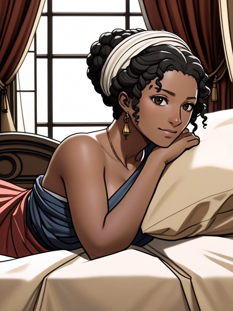 Mature woman, age 30, ebony skin, tendrils of loose curly black hair, snub nose, slim build, small breasts, distinct hips, 
Slight smile, blush,
Toga,
Lying on front, bed, viewed from side, ass in frame, Next to window,
Detailed, Drawn in the style of octopath traveler