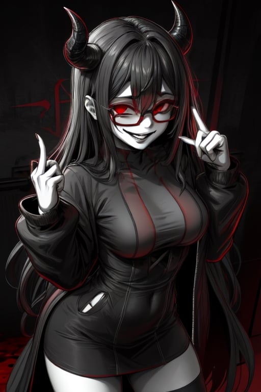 1girl demon,alone,body,bloodless,red theme,black glasses,middle finger,sadistic smile