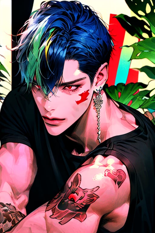 solo,long hair,red eyes,1boy,hair between eyes,jewelry,upper body,blue hair,male focus,multicolored hair,earrings,two-tone hair,fingernails,tattoo,piercing,black nails, arm tattoo