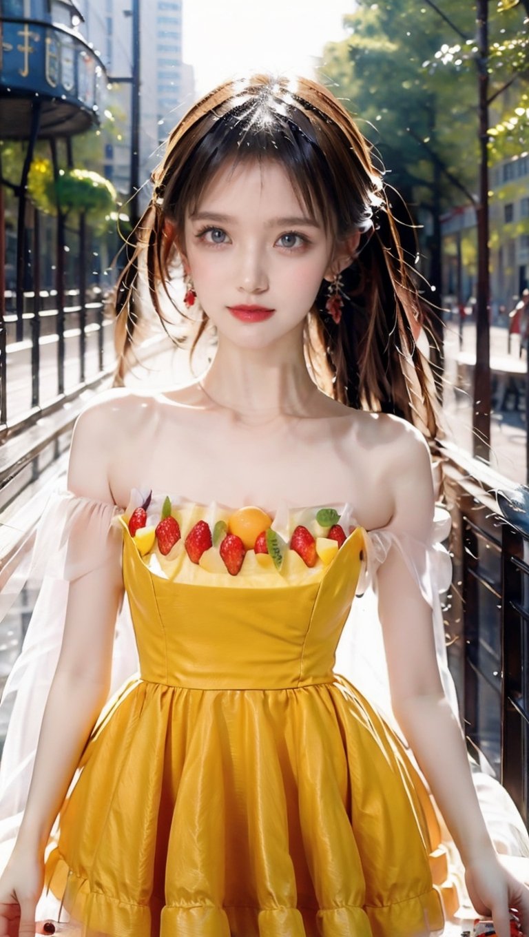 1girl,blurry,blurry_background,brown_eyes,brown_hair,day,depth_of_field,dress,earrings,food,fruit,jewelry,lips,long_hair,looking_at_viewer,multicolored_dress,orange_\(fruit\),outdoors,parted_lips,print_dress,solo,standing,tree,nnngm,ritsu______co