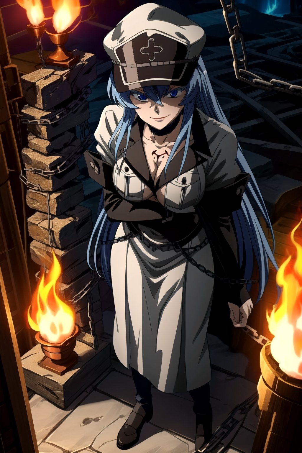 Esdeath, military officer hat, full body, smirking, women, big boobs, mark on chest, standing over the camera looking down, holding a wipe

BREAK
Dungeon, Fire, Chains

BREAK 
8K, Dense Atmospheric, Muted Tones with Pops of Vibrant Hues,esdeath