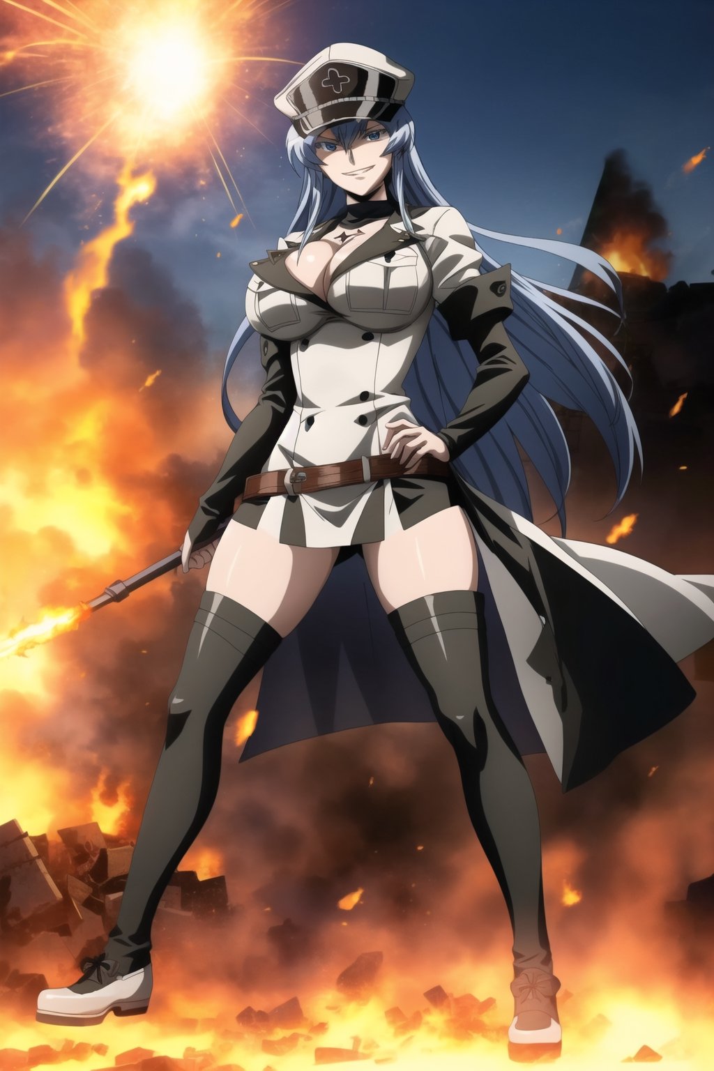 Esdeath, military officer hat, full body, smirking, women, big boobs

BREAK
Burning Town, background explosion