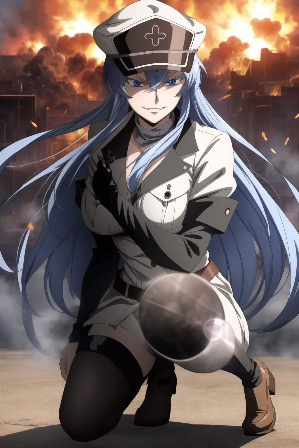 Esdeath, military officer hat, full body, smirking, women, big boobs

BREAK
Burning Town, background explosion