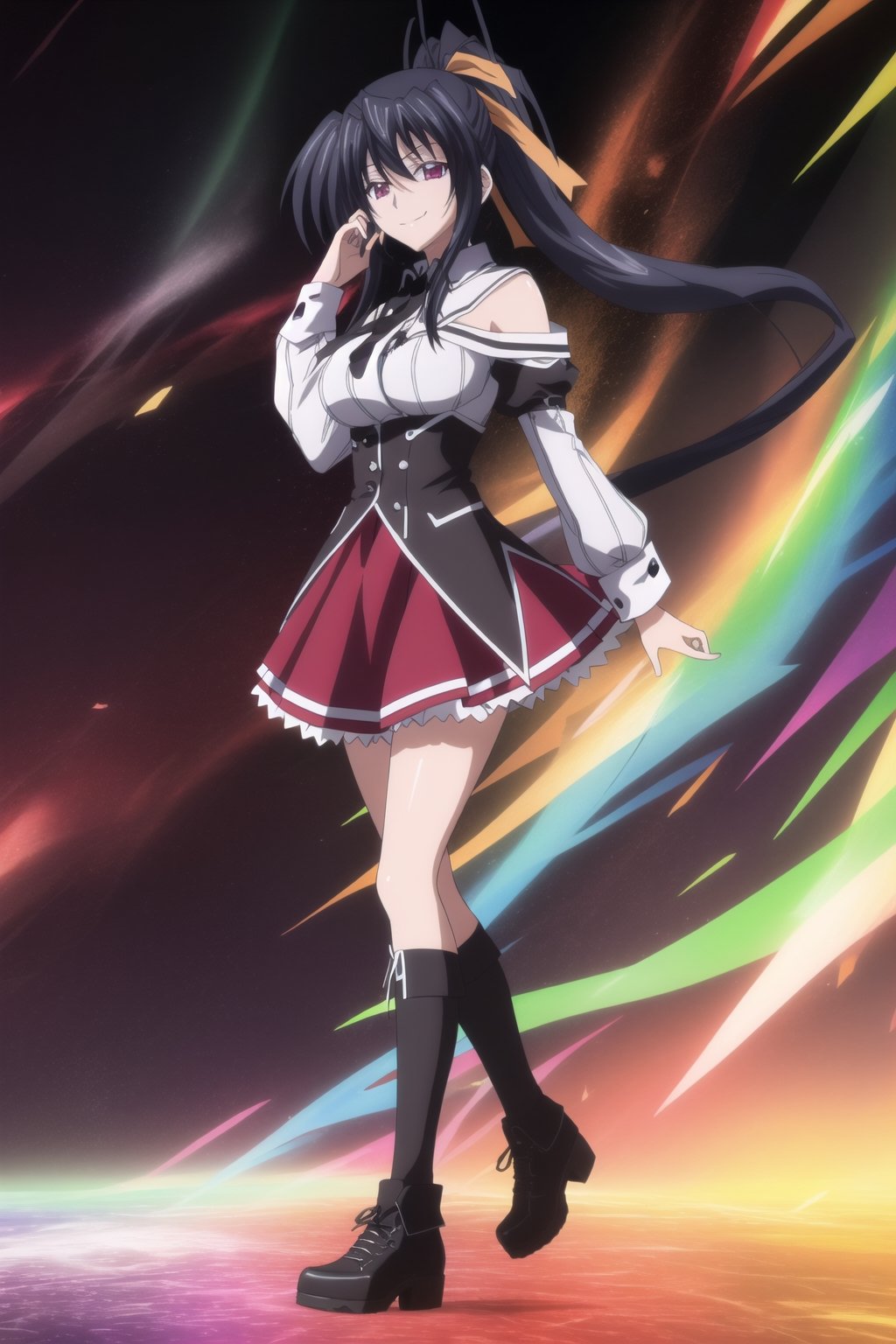 8K, Rainbow Color Explosion, Dense Atmospheric, Muted Tones with Pops of Vibrant Hues, akeno himejima, Full body, smirking