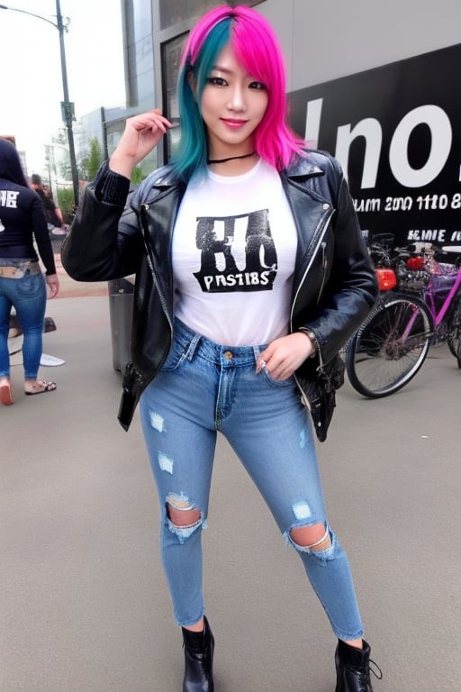 hot japanese girl, she is a repeat offender criminal, 39 years old, torn jeans, biker jacket and Ramones t-shirt outfit, asuka make-up, asuka face, asuka hairstyle, blue pink hair color, smiling flirty and provocatively, posing defiant, realistic, full body shot,hot girl